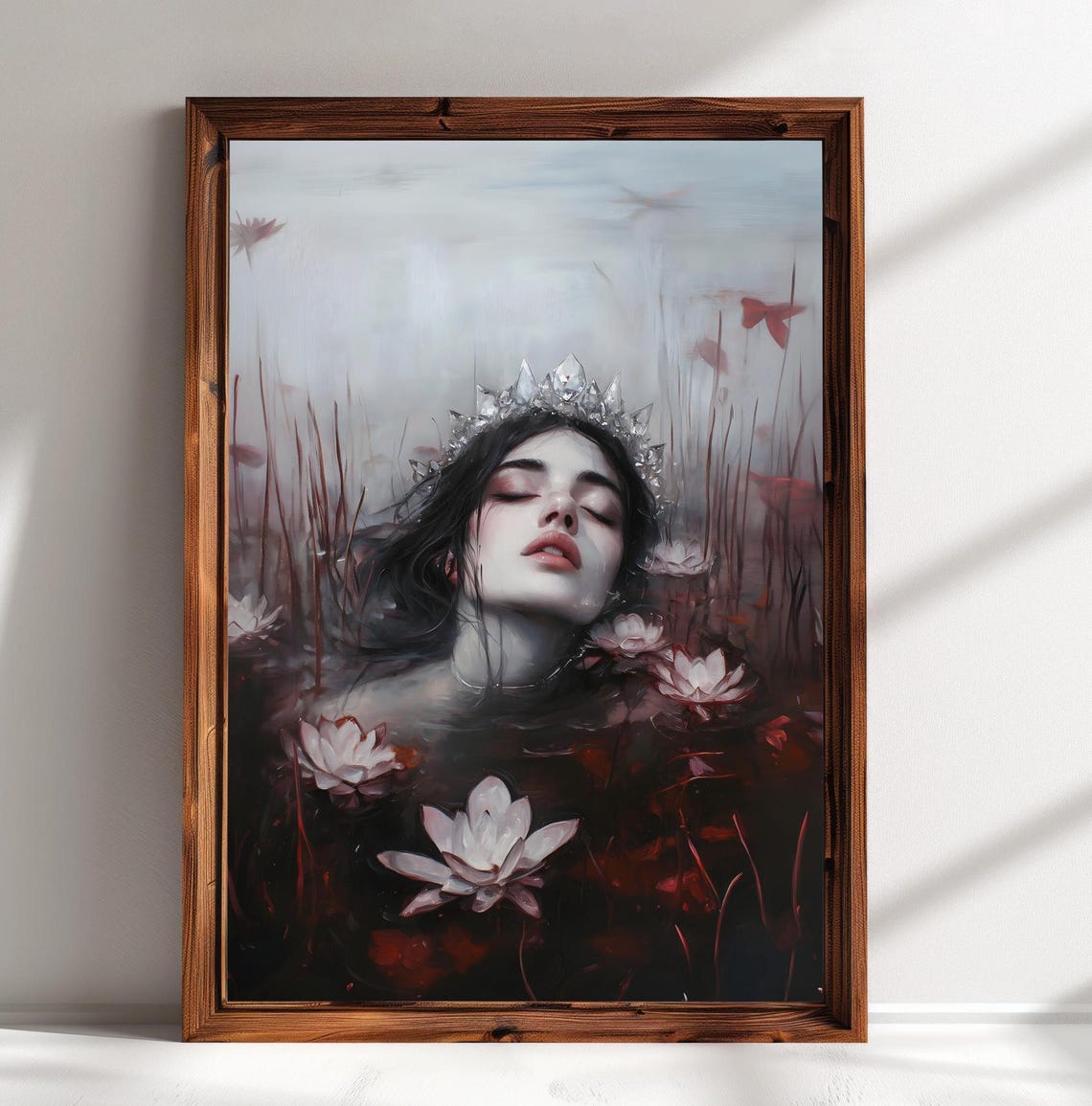 Crystal Crowned Woman Floating in Red Lily Pond Dark Art Print