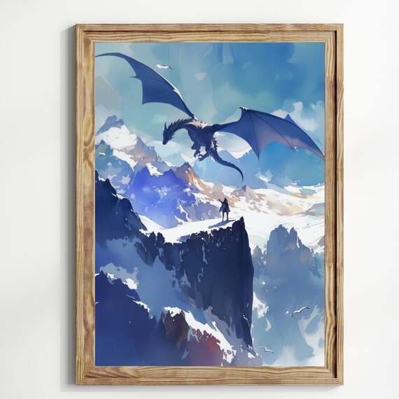Blue Dragon Watercolor Art Vertical Poster Print Fantasy Art Castle And A Dragon Fantasy Painting Watercolor Illustration Dark Academia