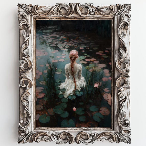 Pink Haired Ophelia Dark Academia Print The Lake Goth Moody Victorian Wall Art Dark Decor Aesthetic Dark Cottagecore Gothic Prints