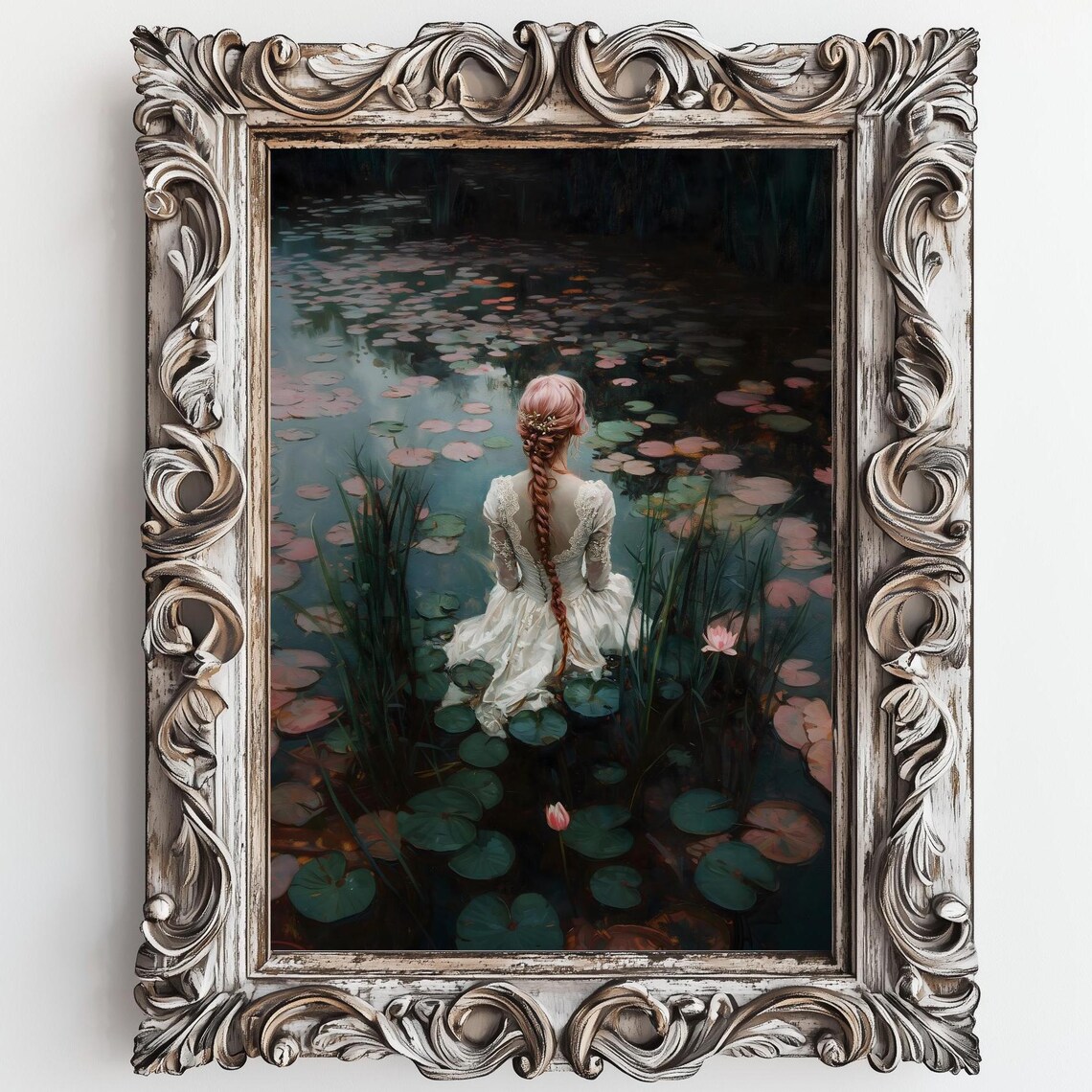 Pink Haired Woman In Water Lily Pond Dark Academia Vintage Art Poster