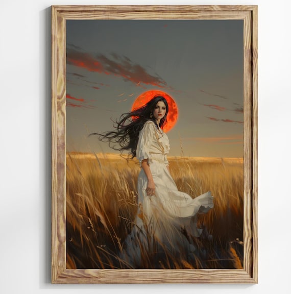 Woman in White Dress in Wheat Field Under Giant Red Moon Poster