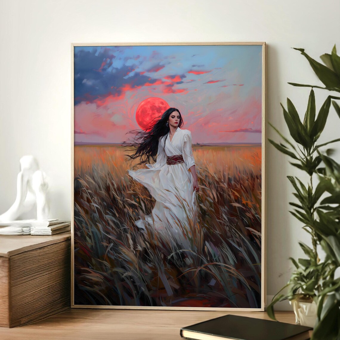 Red Moon Woman White Dress Golden Wheat Field Wind Dark Fantasy Art Print - Image 2