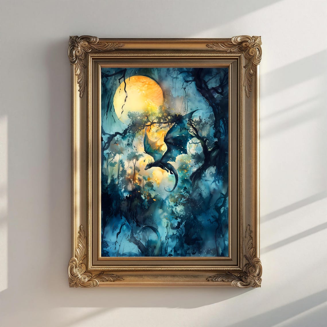 Dragon Flying Toward Golden Moon in Blue Forest Watercolor Print - Image 2