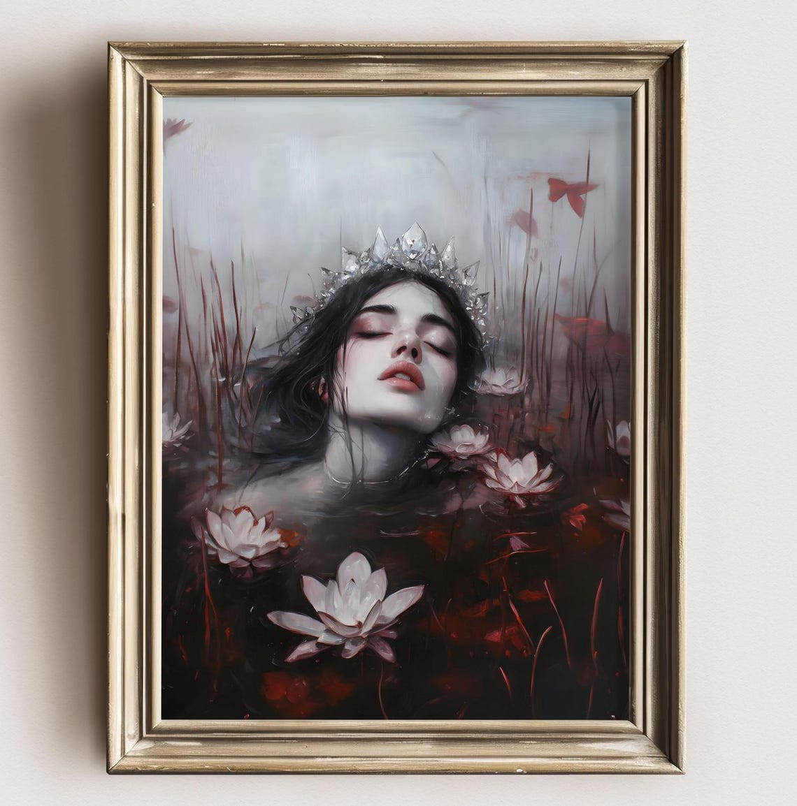 Crystal Crowned Woman Floating in Red Lily Pond Dark Art Print - Image 2