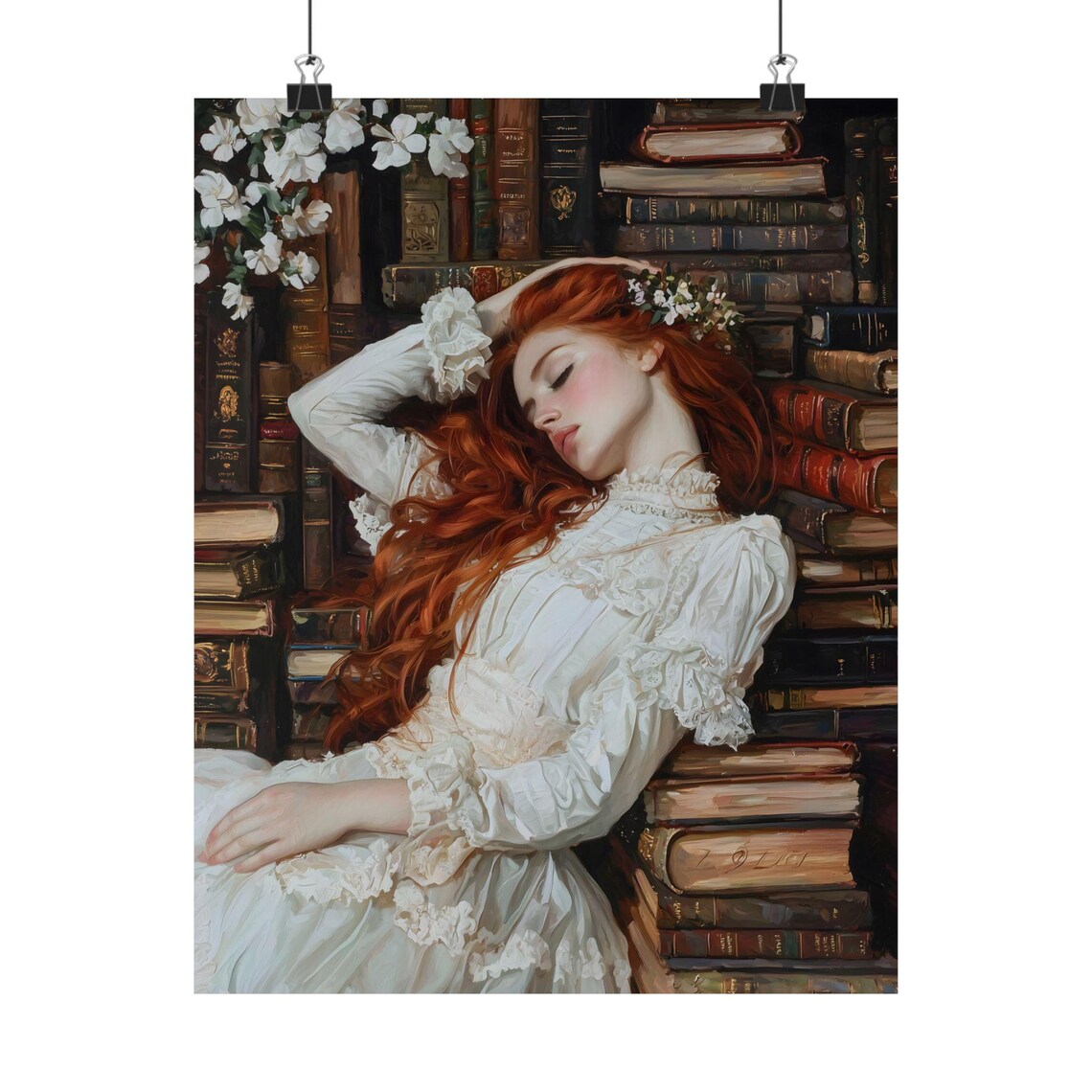 Red Haired Girl Sleeping On Books Dark Library Oil Painting Print - Image 2