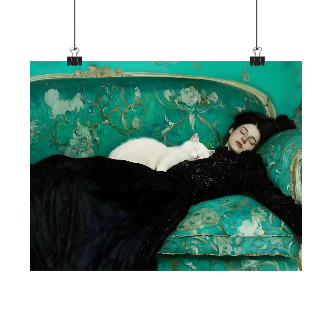 Woman Sleeping On Green Sofa With White Cat Dark Academia Art Print - Image 2
