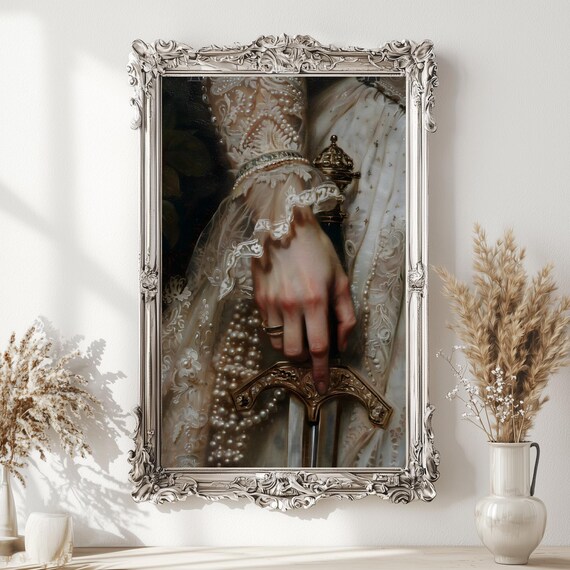 Victorian Woman Hand On Ornate Sword Hilt Pearl Lace Sleeve Dark Romantic Art Poster