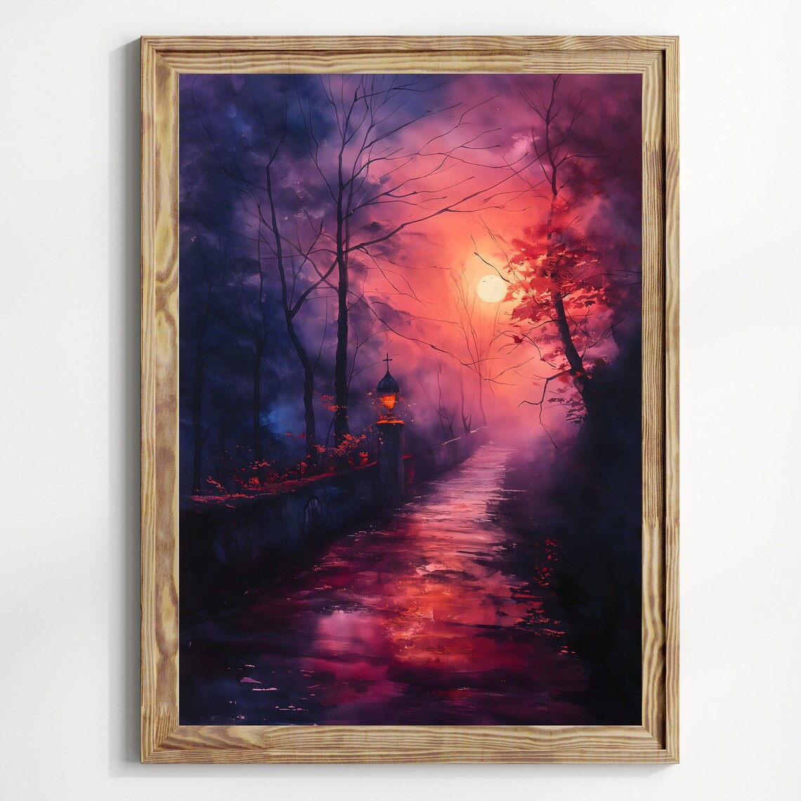 Moody Moonlit Forest Path Pink Purple Sky Lantern Goth Landscape Poster - Image 2