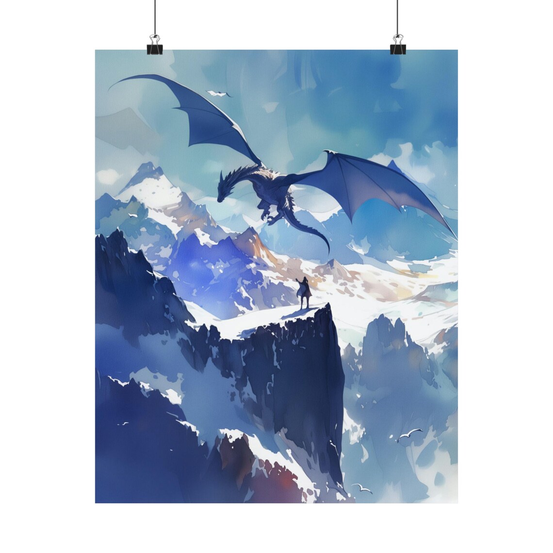 Blue Dragon Watercolor Art Vertical Poster Print Fantasy Art Castle And A Dragon Fantasy Painting Watercolor Illustration Dark Academia - Image 2