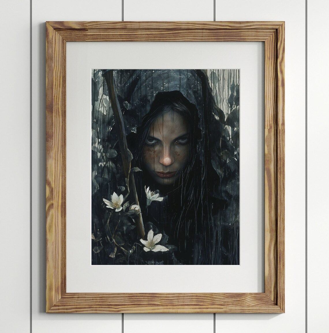 Dark Forest Witch Portrait White Flowers Rainy Woods Moody Gothic Print - Image 2
