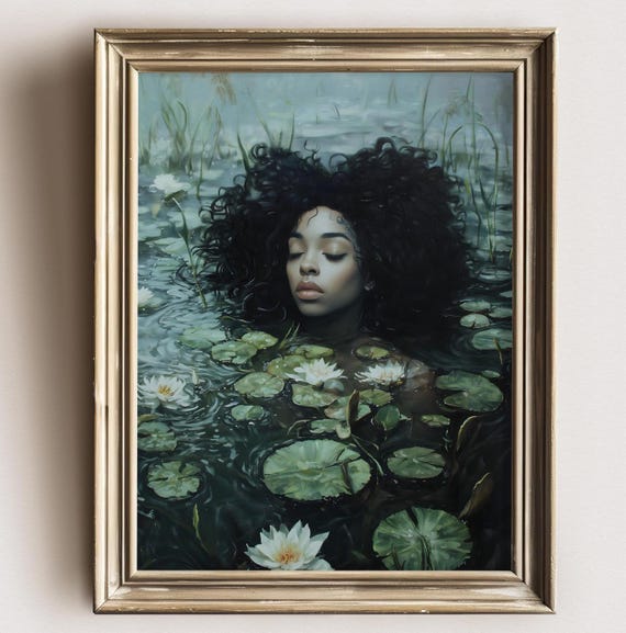 Black Ophelia Dark Academia Print The Lake Goth Moody Victorian Wall Art Dark Decor Aesthetic Black Girls Art Gothic Prints
