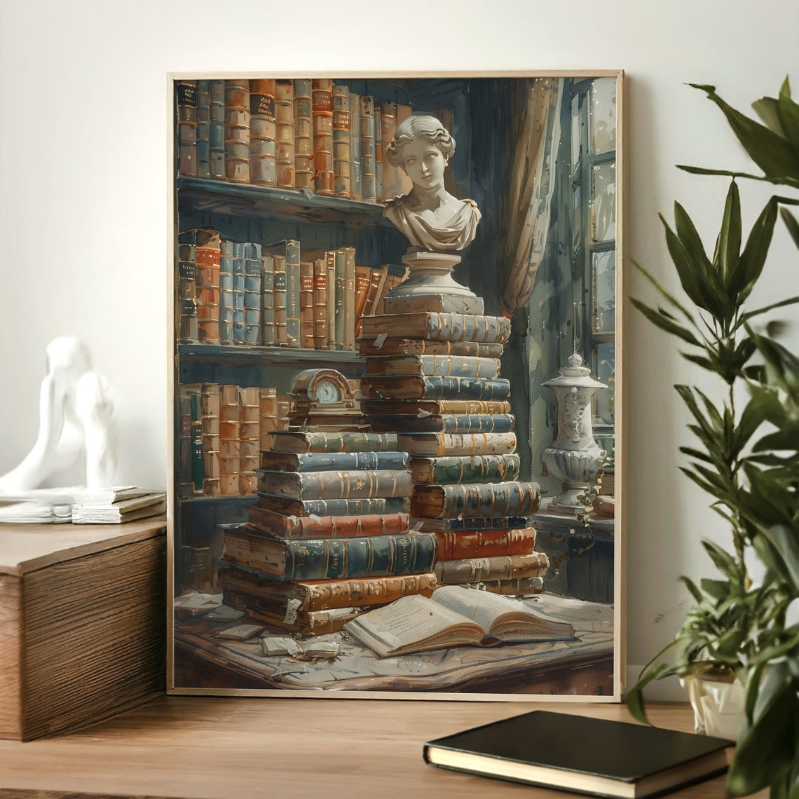 Dark Academia Stack Old Books Marble Bust Library Still Life Poster - Image 2