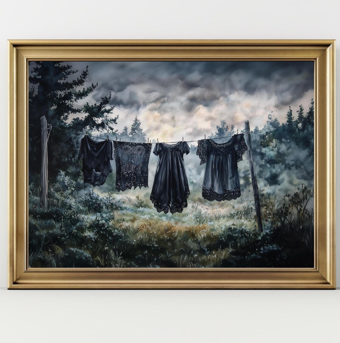 Dark Gothic Dresses On Clothesline In Misty Forest Meadow Watercolor Wall Art Poster - Image 2