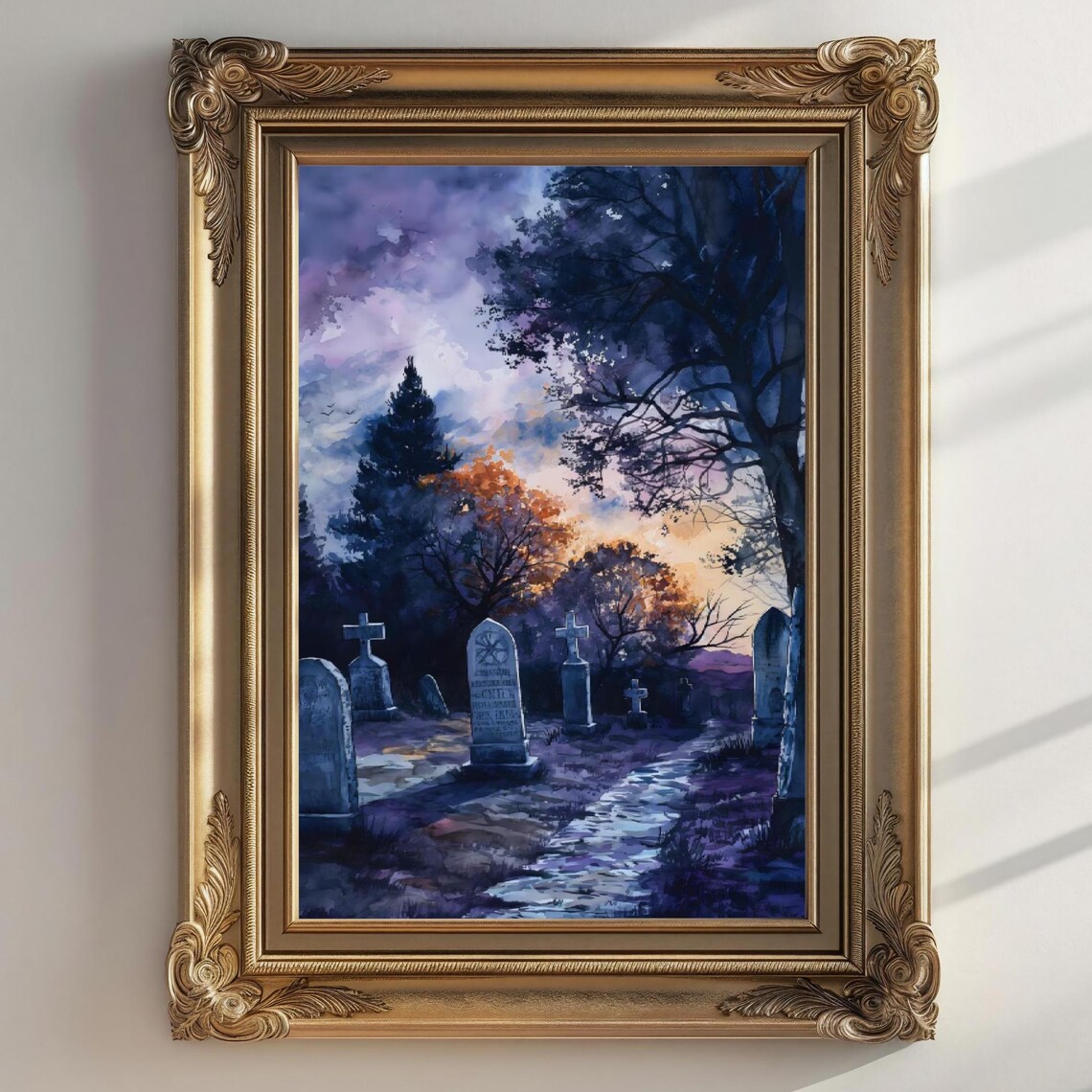 Gothic Graveyard At Dusk Purple Orange Sunset Cemetery Watercolor Print