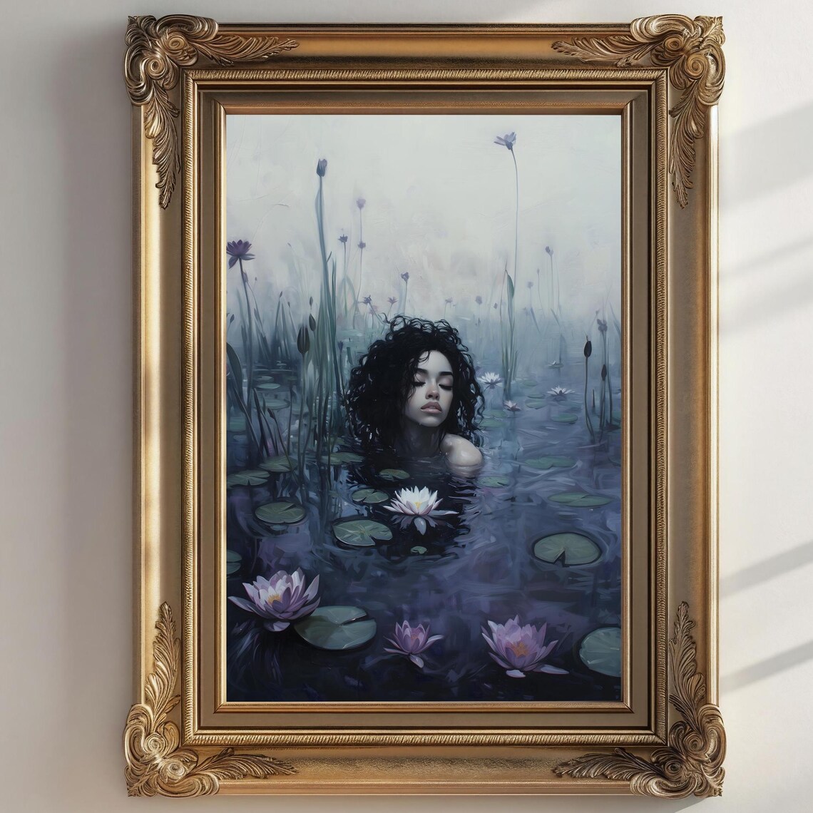 Dark Lady in Foggy Purple Water Lily Pond With Wildflowers Art Print - Image 2