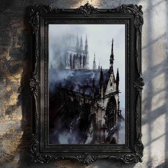 Gothic Cathedral Spires Fog Moody Dark Academia Watercolor Art Print