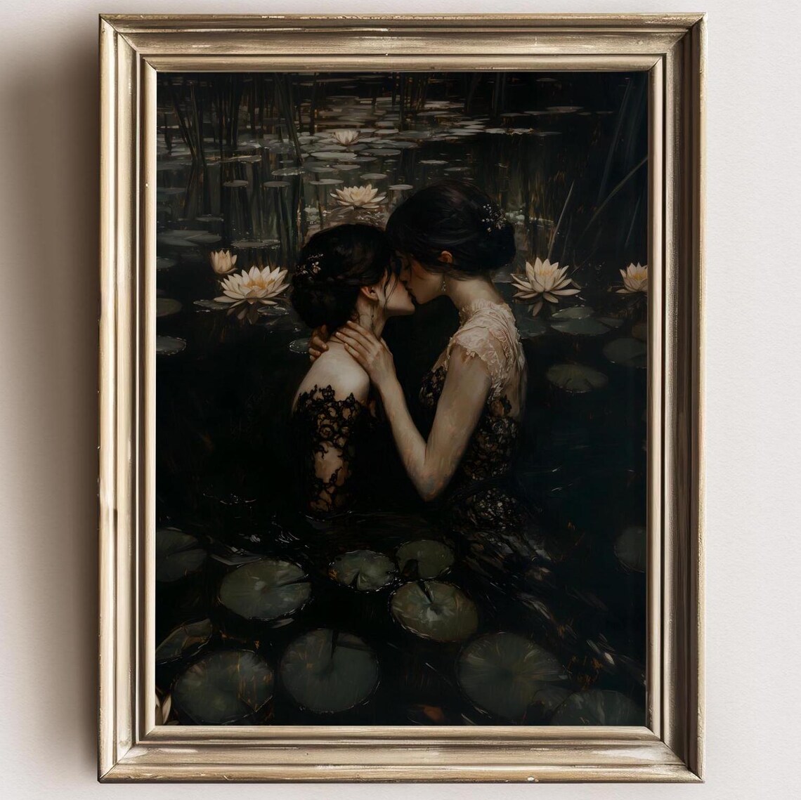 Moonlit Kiss In Dark Water Lily Pond Romantic Sapphic Art Print - Image 2