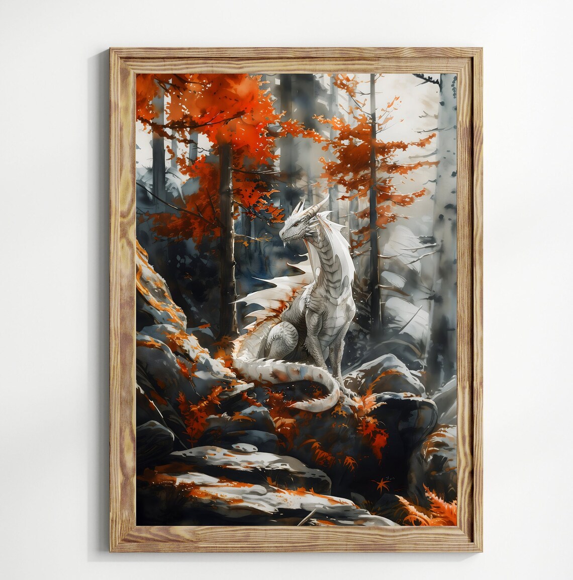 Forest White Dragon Watercolor Poster, Dark Academia - Image 3