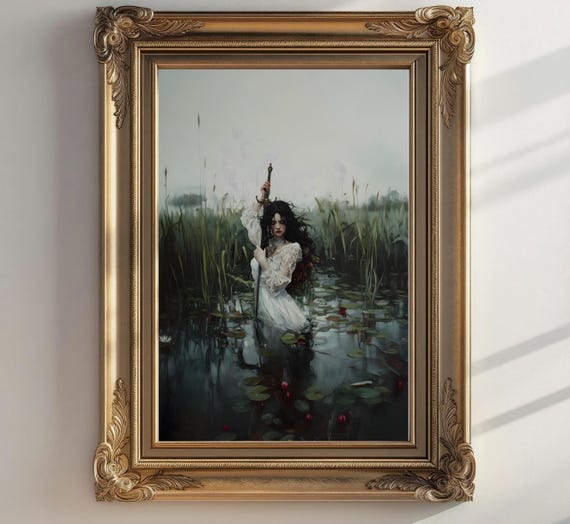 Victorian Art Sword Print Moody Painting Woman With Sword Print Victorian Decor Wall Art Dark Moody Antique Art Print Lake Art