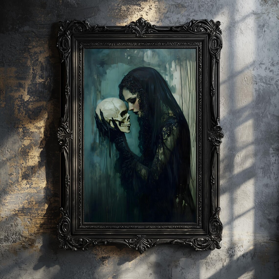 Veiled Woman Skull Black Lace Gothic Mourning Oil Painting Art Print - Image 3