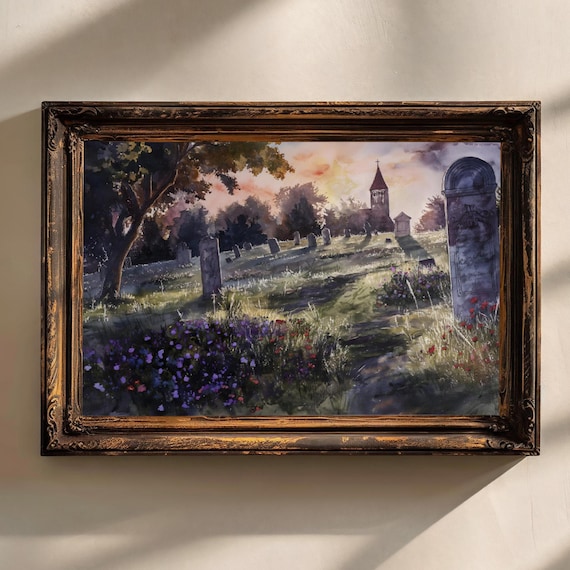 Graveyard Wildflowers At Sunrise Watercolor Church Cemetery Art Print