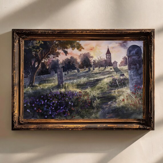 Moody Graveyard Wildflowers Dark Aesthetics Painting Goth Landscape Dark Academia Art Print Gothic Home Dcor Cemetery Art Print Halloween