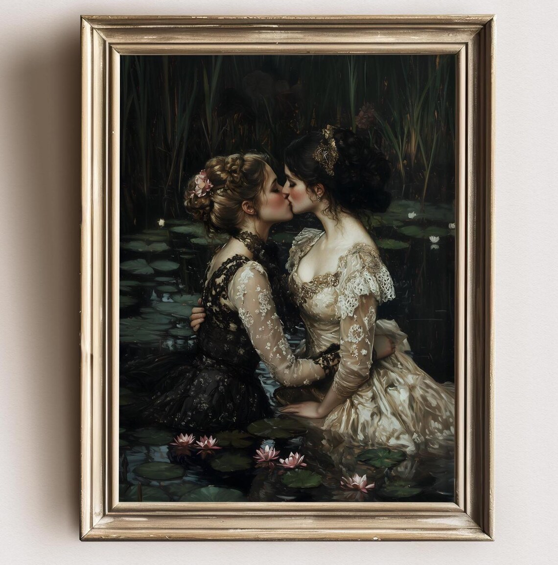 Girlfriends Lake Gothic Art Print, Dark Academia