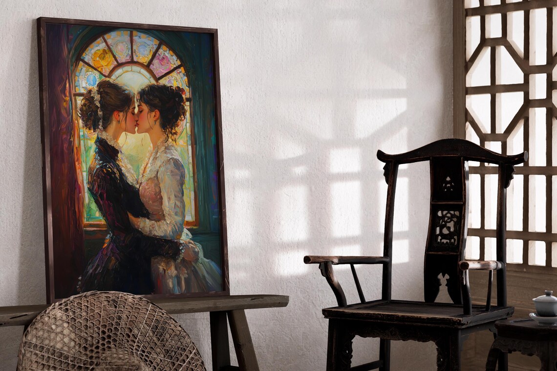 Two Victorian Women Kissing By Stained Glass Window Sapphic Romance Art Print - Image 3