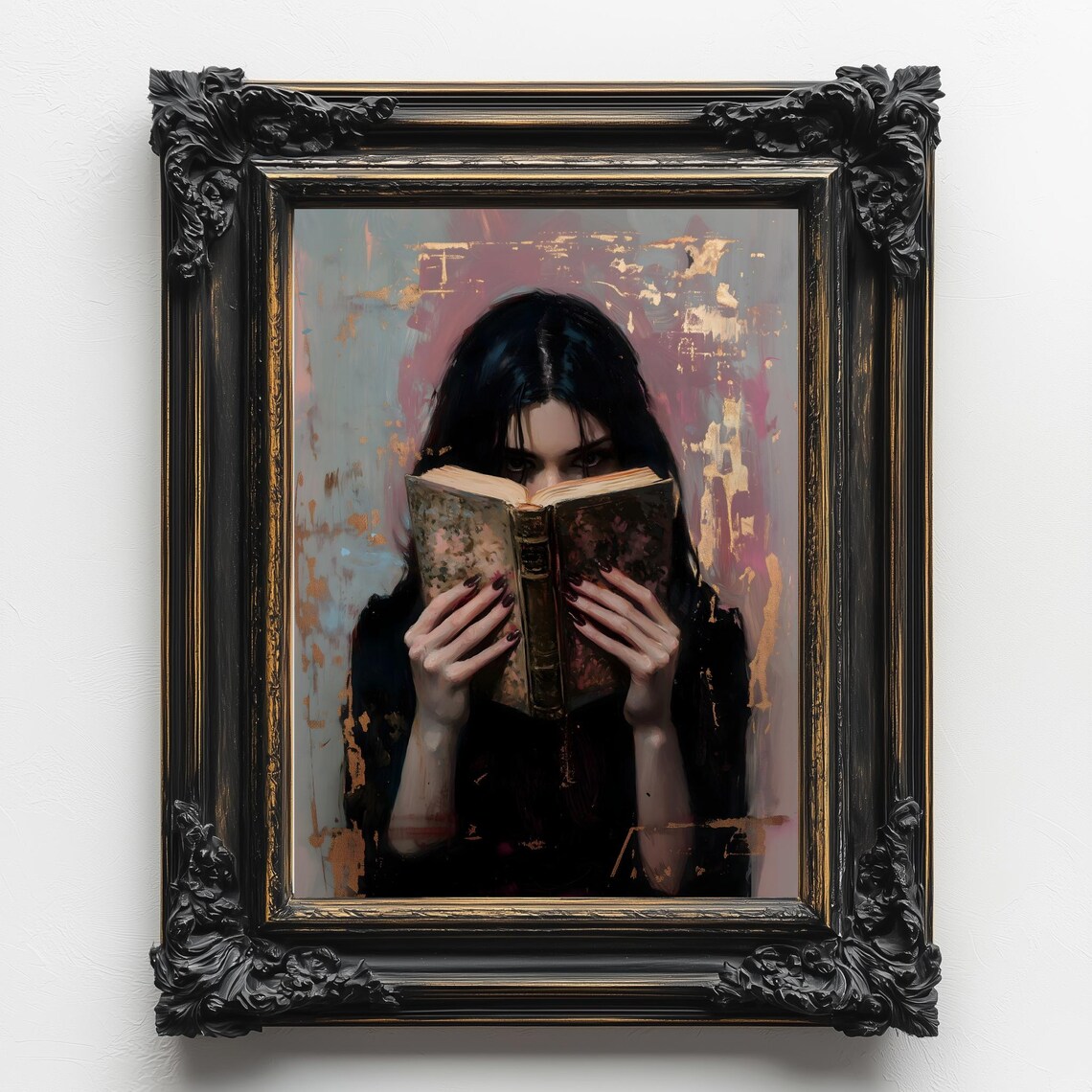 Woman Reading Book Hidden Face Pink Abstract Dark Academia Poster - Image 3