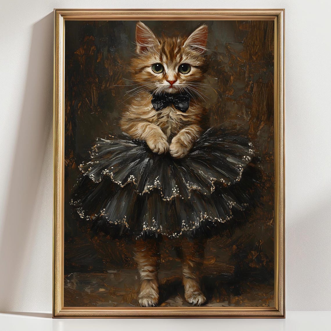 Ginger Kitten Black Tutu Bow Tie Ballerina Cat Vintage Painting Print