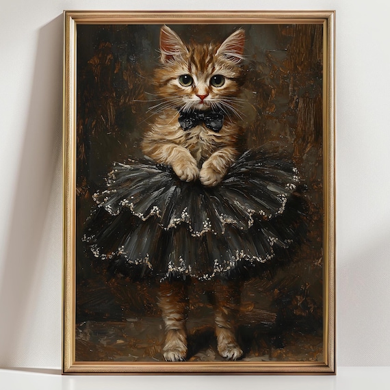 Ginger Kitten Black Tutu Bow Tie Ballerina Cat Vintage Painting Print