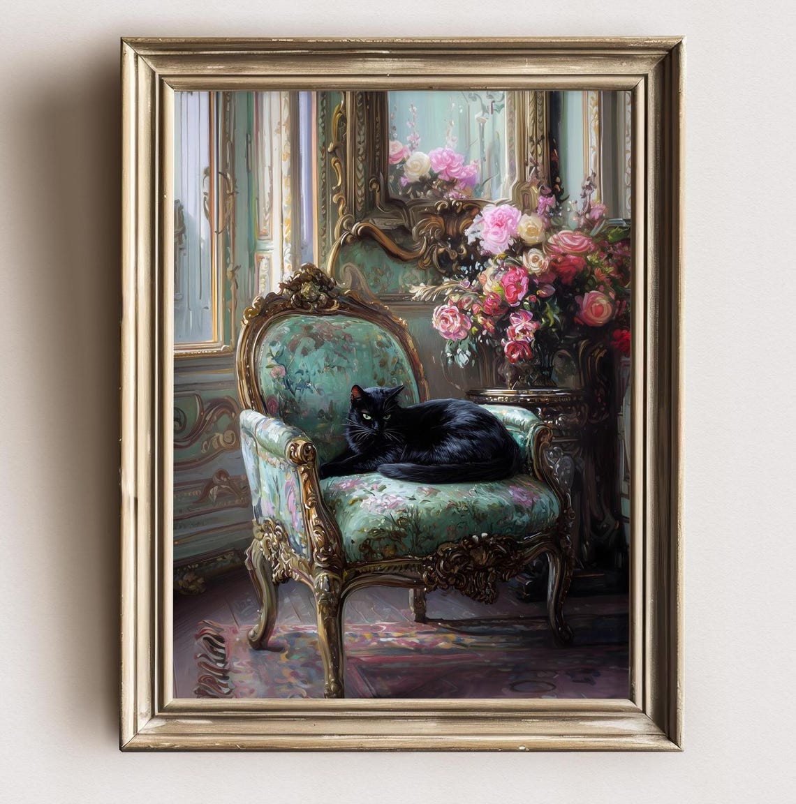 Black Cat Resting On Green Floral Rococo Chair Elegant Cat Art Poster