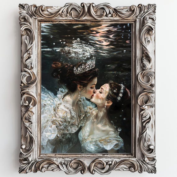 Love Queens Sapphic Art Print The Lake Goth Moody Victorian Lesbian Sappho Wall Art Dark Decor Aesthetic Dark Cottagecore Gothic
