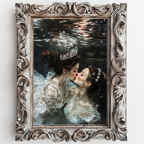 Two Queens Kissing Underwater White Gowns Tiara Romantic Sapphic Oil Painting Print
