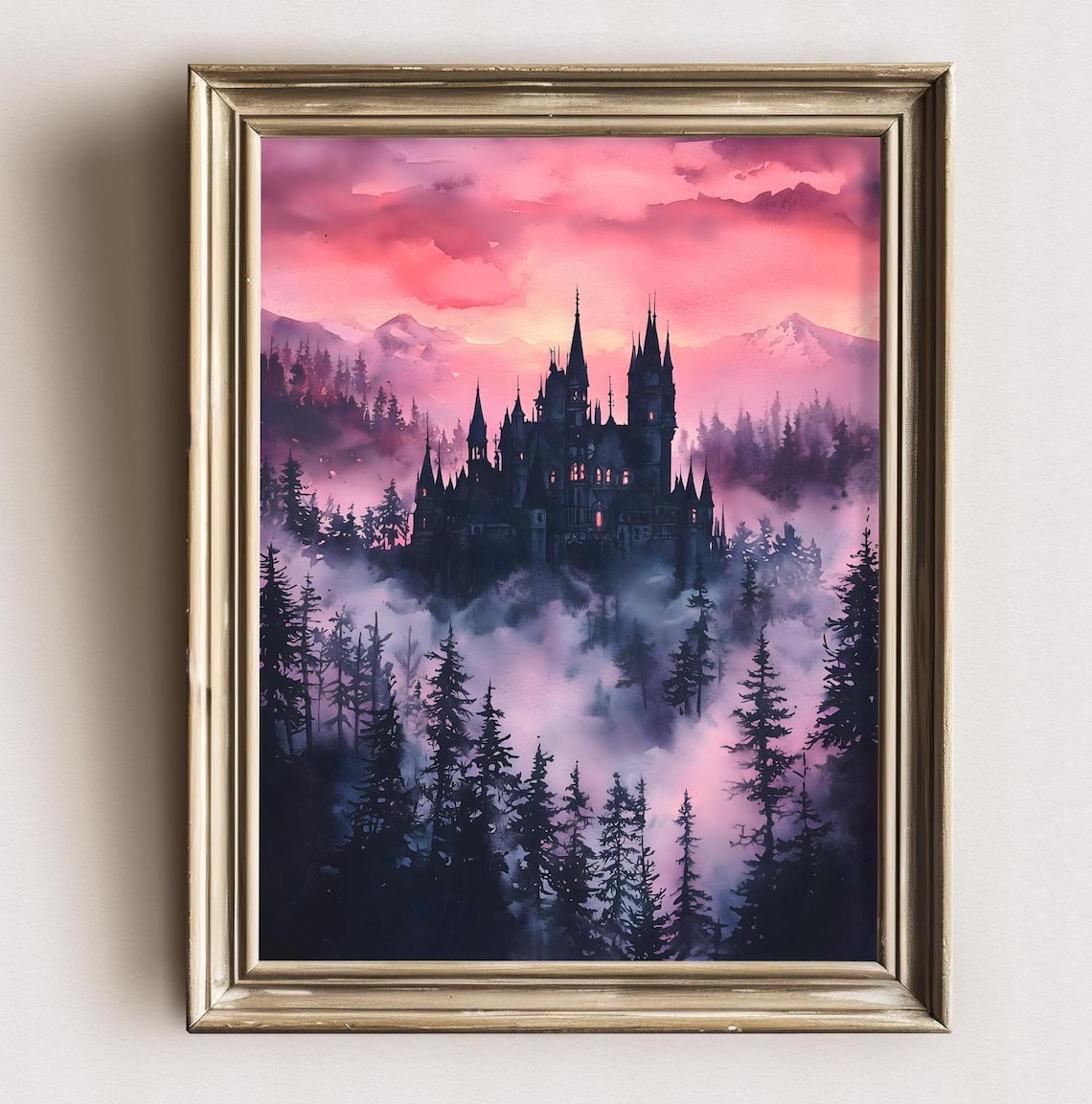 Dark Castle Misty Mountain Pines Pink Sunset Sky Fantasy Watercolor Poster - Image 2
