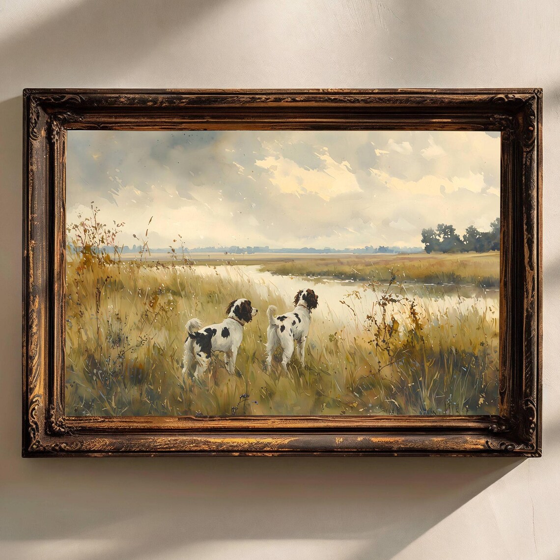 Two Spaniel Dogs Hunting Field Marsh Moody Vintage Painting Poster