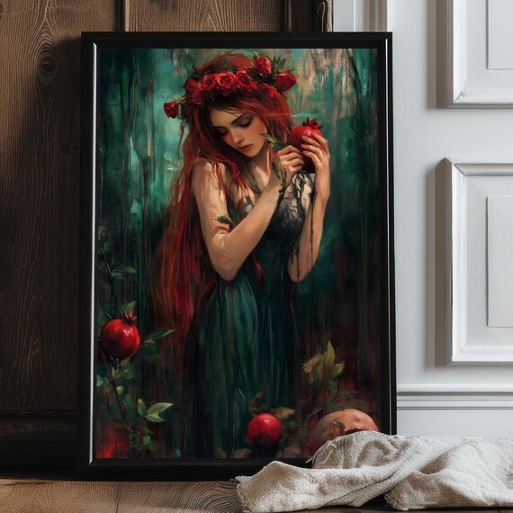 Persephone With Pomegranate Wall Art Dark Academia Decor Victorian Moody Wall Art Cottagecore Greek Goddess Greek Mythology Art Floral