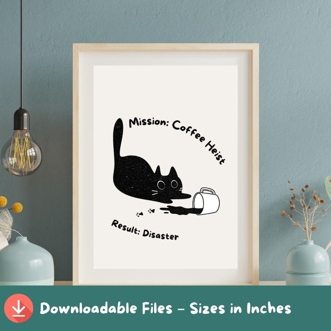 Funny Black Cat Coffee Art Spilled Cute Mischievous Wall Decor Instant Poster