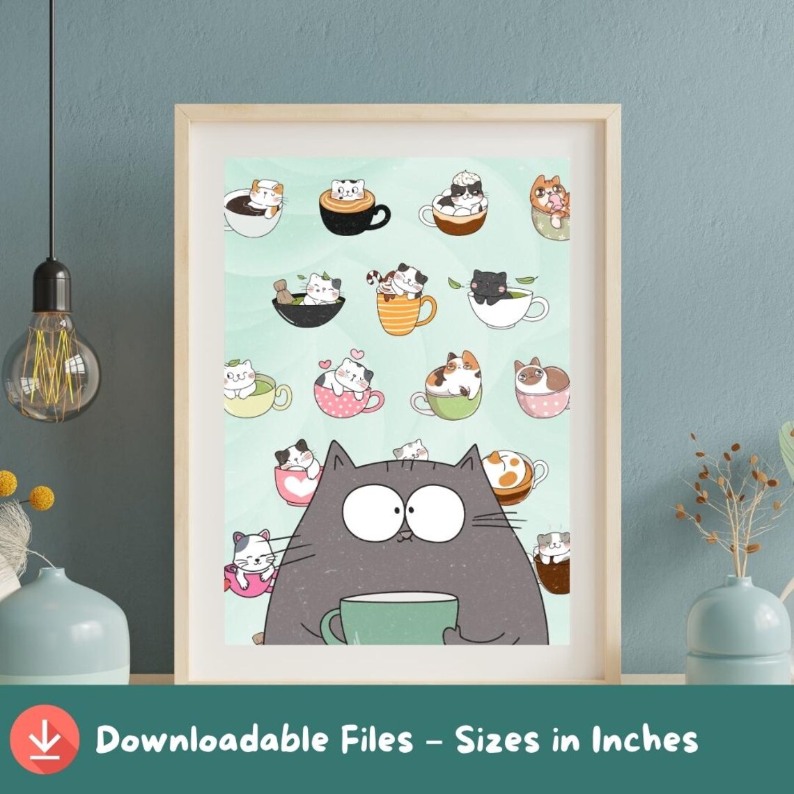 Kawaii Cats Coffee Cups Collage Big Gray Cat Cute Art Poster