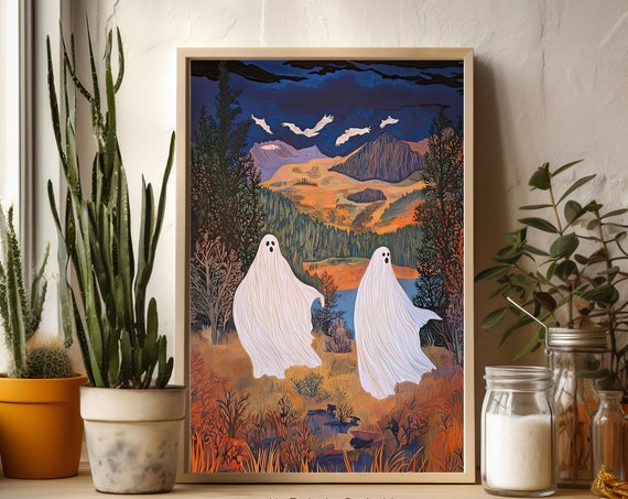 Two Cute Ghosts In Flower Woods Print Romantic Dark Academia Moody Cottagecore Spooky Decor Vintage Poster Gothic Painting Reading Ghost