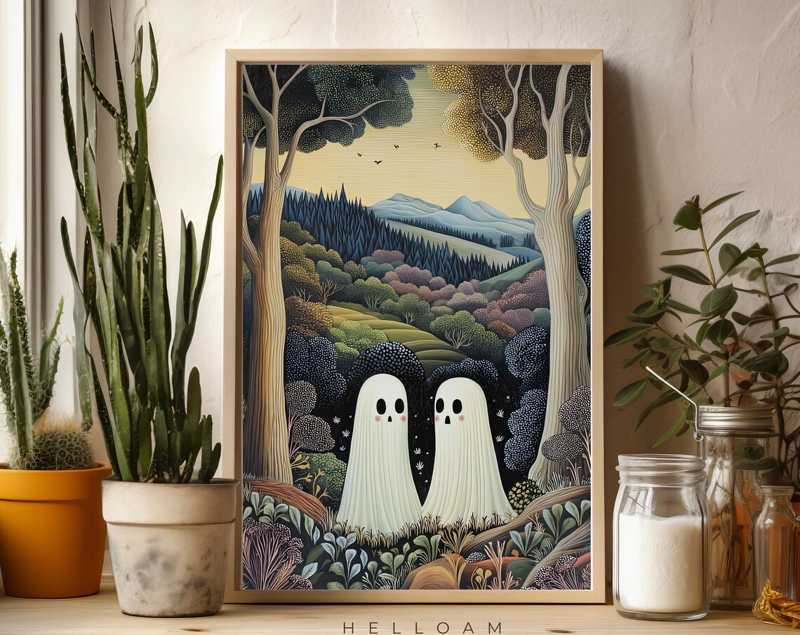 Two Cute Ghosts in Flower Woods, Gothic Art Print