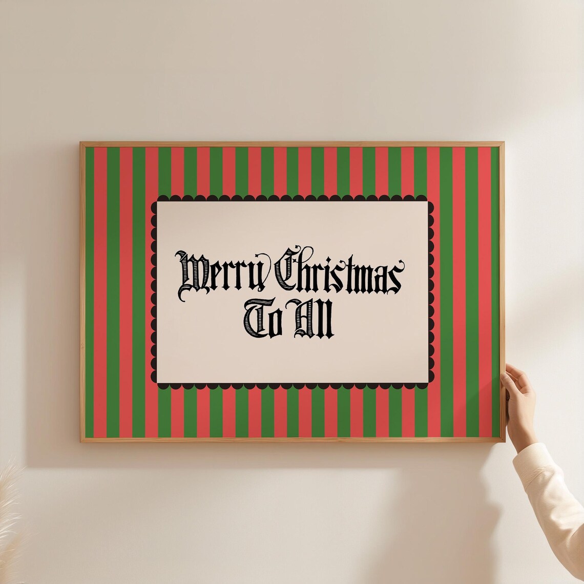 Merry Christmas To All Vintage Gothic Red Green Striped Holiday Poster - Image 2