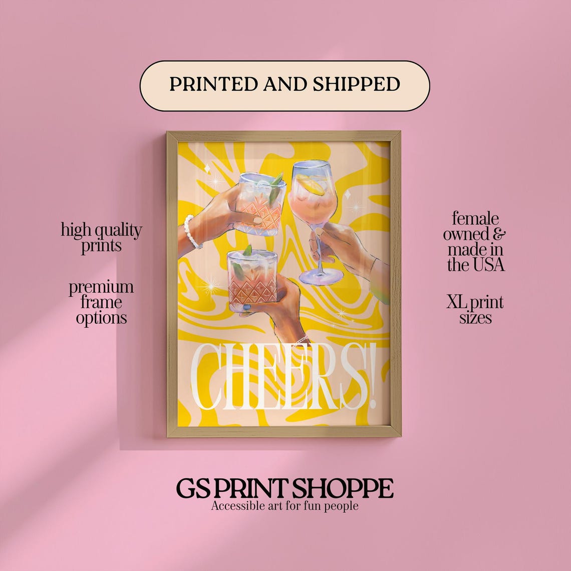 Cheers Toasting Cocktail Glasses Yellow Retro Party Poster Fun
