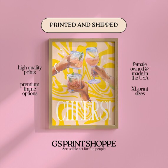 Cheers Toasting Cocktail Glasses Yellow Retro Party Poster Fun