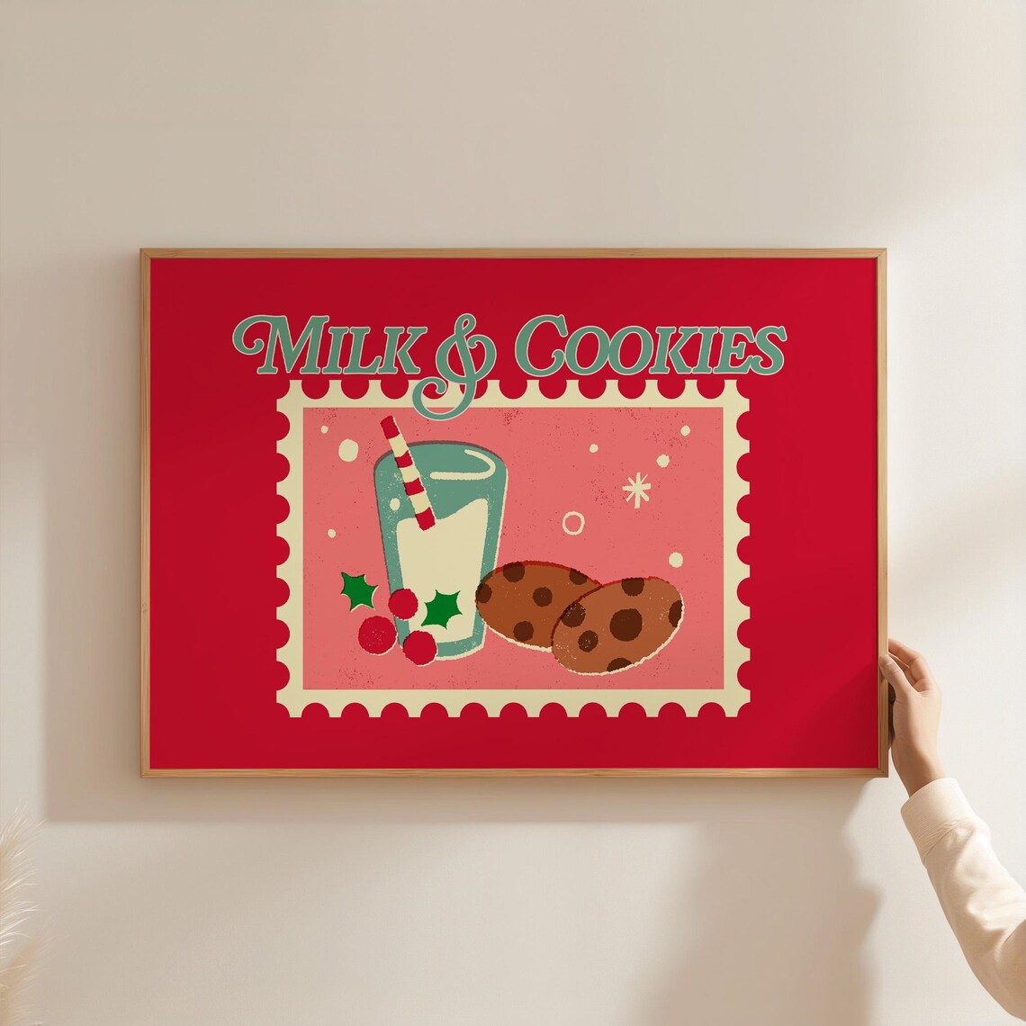 Milk And Cookies Retro Stamp Illustration Red Christmas Holiday Poster