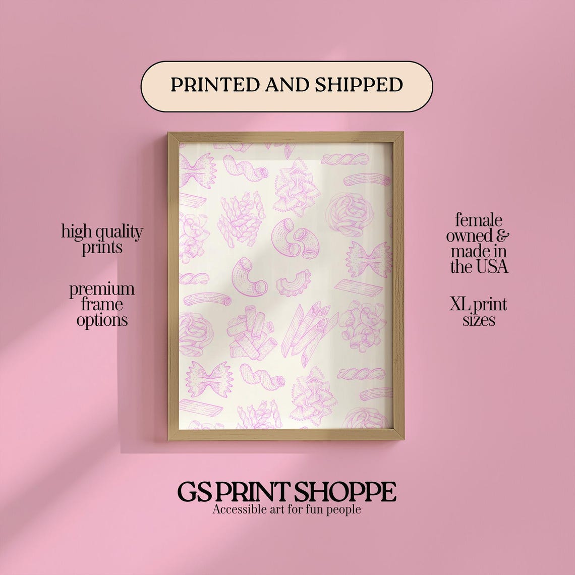 Trendy Pink Pasta Shapes Pattern Kitchen Food Illustration Poster