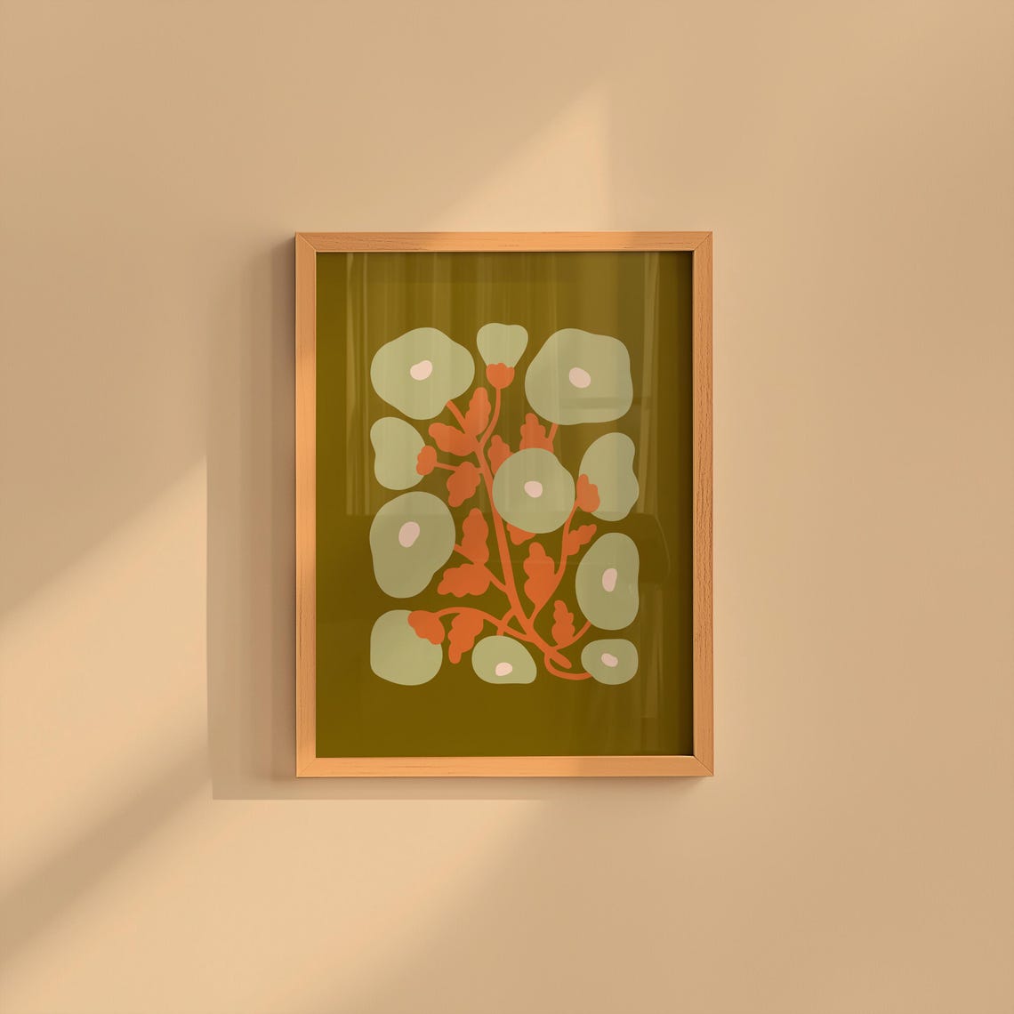 Abstract Orange Flowers on Olive Green 70s Retro Botanical Poster