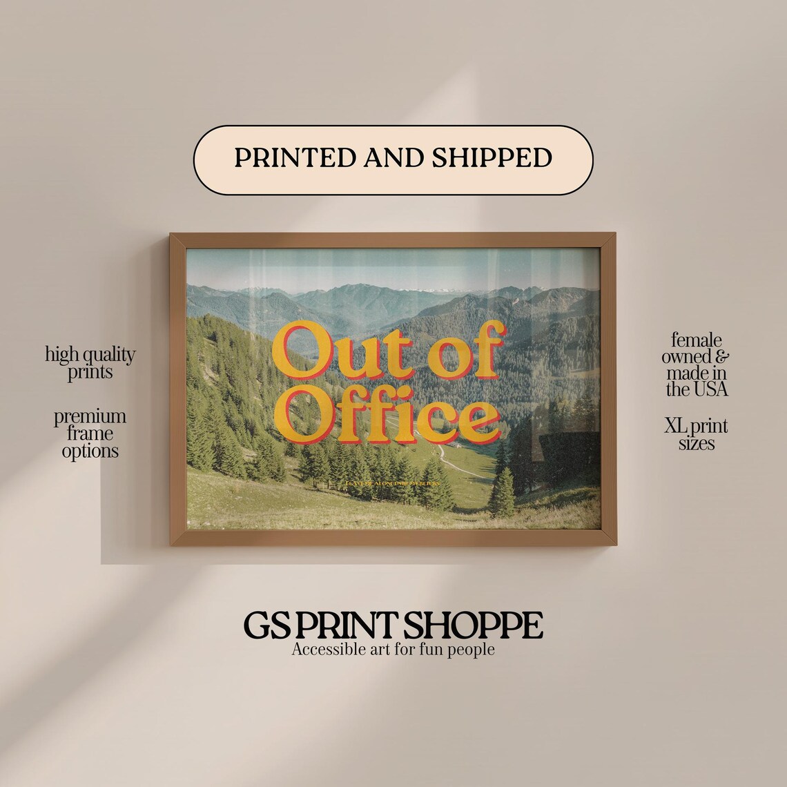 Out Of Office Yellow Typography Poster Mountain Landscape Retro Vacation Art