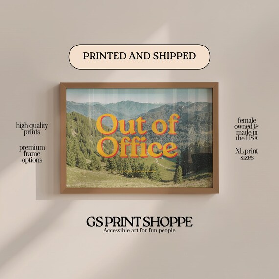Out Of Office Yellow Typography Poster Mountain Landscape Retro Vacation Art