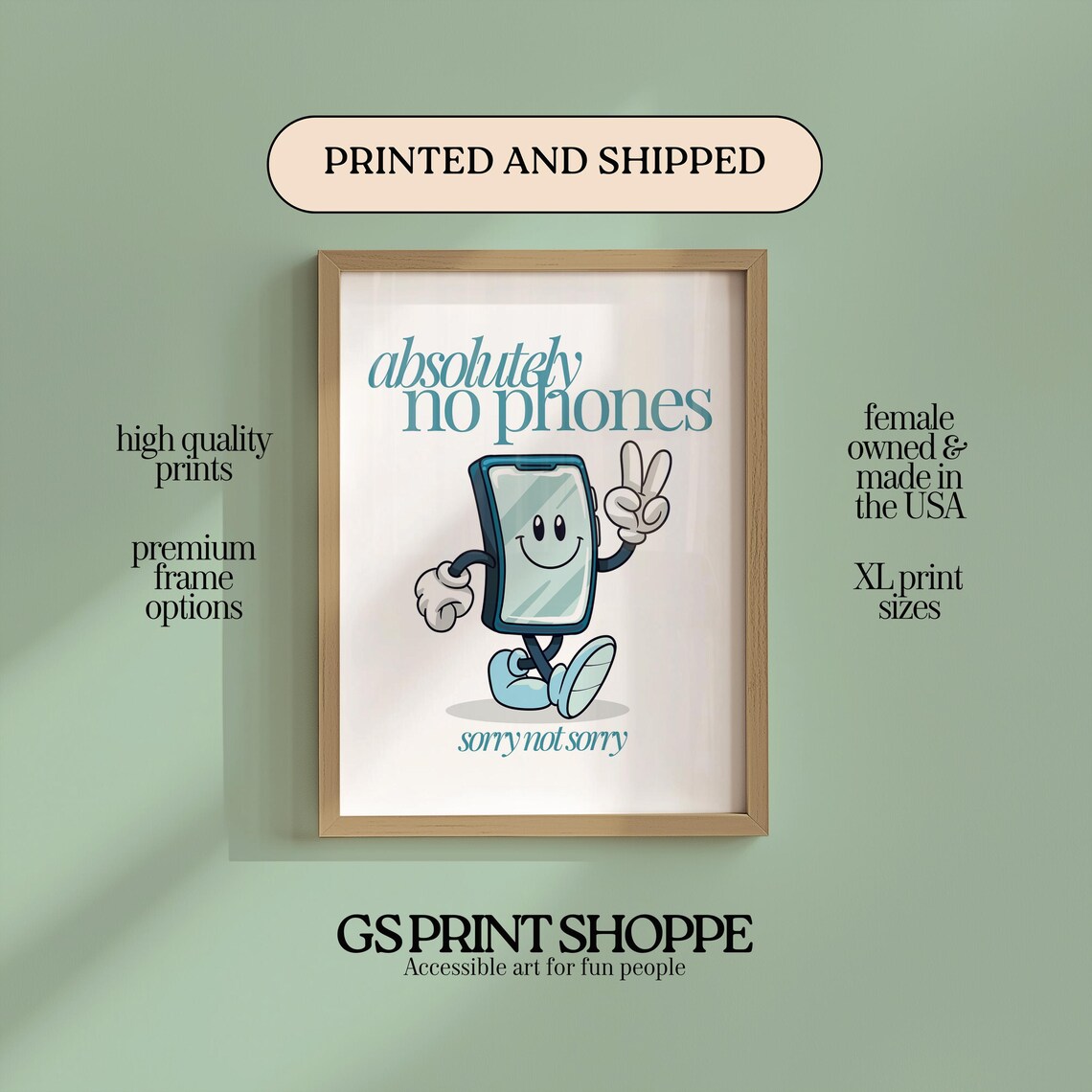 Absolutely No Phones Cute Cartoon Phone Character Retro Wall Art